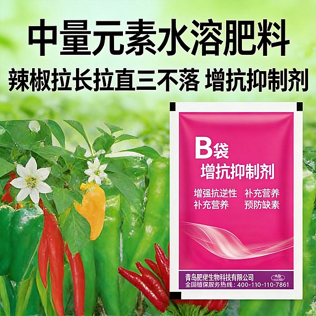 以原图为基础，生成1:1比例的拼多多电商主图，突出展示产品B袋增抗抑制剂的核心功能：增强抗逆性、补充营养、预防缺素，使用绿色农业风格背景