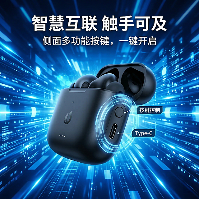 主题：科技感·多功能展示
主标题：智慧互联 触手可及
副标题：侧面多功能按键，一键开启
1:1还原产品图，将充电盒侧面（带有充电接口和多功能按键的一面）展示出来。产品悬浮在一个具有未来科技感的蓝色光影背景中，背景是由无数条发光的蓝色数据流和几何图形组成。一个半透明的蓝色科技光圈包围着按键和接口，光圈上标有"按键控制"和"Type-C"的白色细小文字。光影效果具有强烈的动感和科技感
负面提示词：避免平淡、避免平光、避免模糊、避免廉价、避免变形、避免低饱和、避免杂乱、避免字体不统一