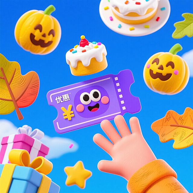 3D卡通风格，拟人化优惠券与节日元素结合，波普艺术色彩，营造可爱欢乐氛围。