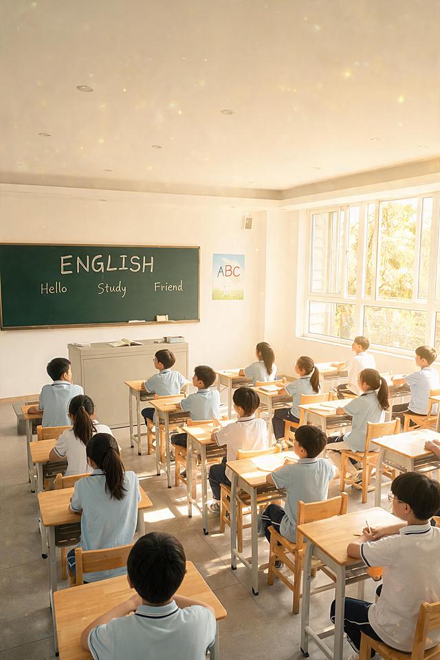 英语课堂全景图，暖色调自然光，干净简约教室，少年们坐姿整齐认真上课，氛围感治愈写实，无过度美颜，4K超清，适配抖音图文，本地教育实景风格，画面通透柔和