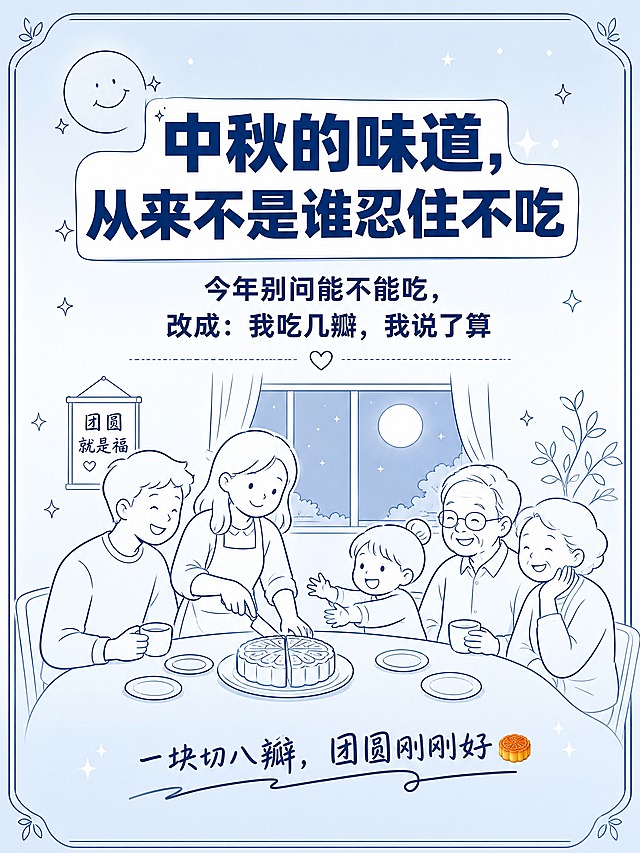 小红书系列笔记配图，医疗蓝统一线稿插画风，生活化科普风格，版式精美，小红书笔记质感。页面大标题：「中秋的味道，从来不是谁忍住不吃」。核心文案：「今年别问能不能吃，改成：我吃几瓣，我说了算」。底部金句：「一块切八瓣，团圆刚刚好🥮」。插画元素：温馨线稿场景——一家人围坐分月饼的简笔画，妈妈切月饼，孩子伸手，老人微笑，月亮挂在窗外；线稿为深蓝色细线，温暖治愈。背景：医疗蓝色系渐变浅蓝底色，柔和温馨。文字：深蓝色扁平粗黑体，主标题加白色色块底框，金句用手写体风格。装饰元素：月亮线稿、星星点缀、细线框、月饼emoji。整体氛围：温暖治愈、团圆感、闺蜜式走心结尾。画质：高清细腻，信息层级清晰，文字完整不裁切，四周留安全边距。画面比例3:4，4K。