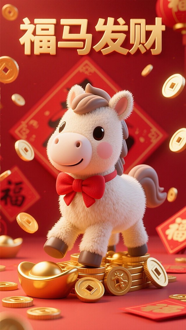 3D卡通风格的福马发财，一只可爱的卡通小马，身体圆润，毛发蓬松，戴着红色的蝴蝶结，马蹄踩着金色的元宝，周围有飘落的金色铜钱和红色的福字，背景是喜庆的红色，上方有“福马发财”四个金色艺术字