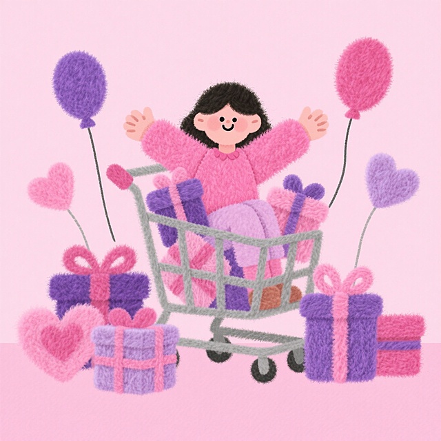 女孩坐在堆满礼物的购物车中（双手张开，周围环绕礼盒、气球、爱心等元素），粉色背景