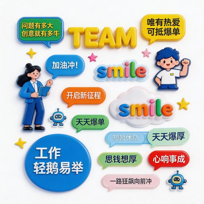 办公室文化墙展开图，融合参考图5和6的文化墙布局风格，加入参考图1和2中的Q版卡通办公人物、对话气泡、正能量标语、TEAM/smile等元素，使用参考图3和4的明亮高饱和红/蓝/绿/黄/粉色彩搭配。整预览效果