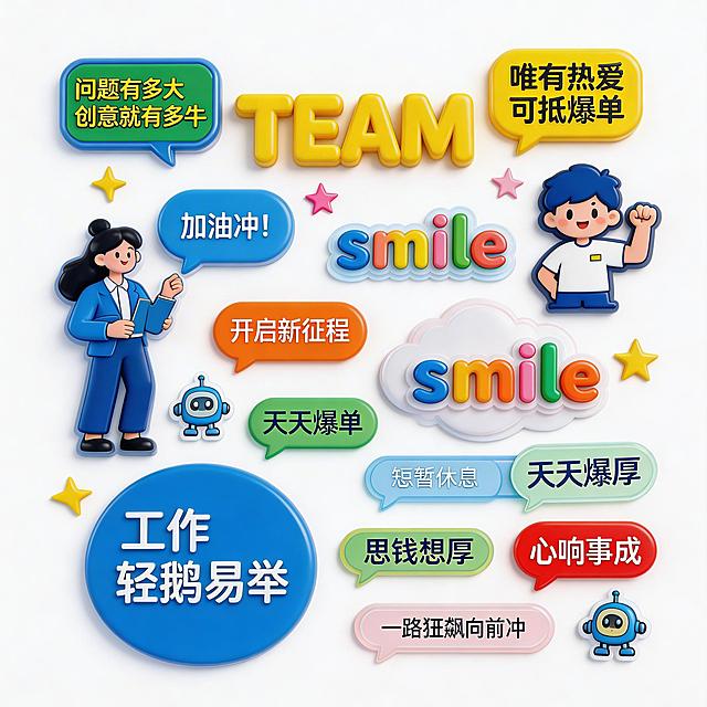 办公室文化墙展开图，融合参考图5和6的文化墙布局风格，加入参考图1和2中的Q版卡通办公人物、对话气泡、正能量标语、TEAM/smile等元素，使用参考图3和4的明亮高饱和红/蓝/绿/黄/粉色彩搭配。整面墙有大小对比元素，大元素不少于3个，小元素和文字元素不少于10个，总元素数量15-30个。卡通人物风格统一为可爱卡通朋友风格，元素形状包含圆角矩形、云朵形、星形、多边形、对话气泡形不少于5种，所有元素带圆角更亲和，整体为3D亚克力质感，现代简约风格，白底平铺展示，无办公室背景，布局整洁无冗余