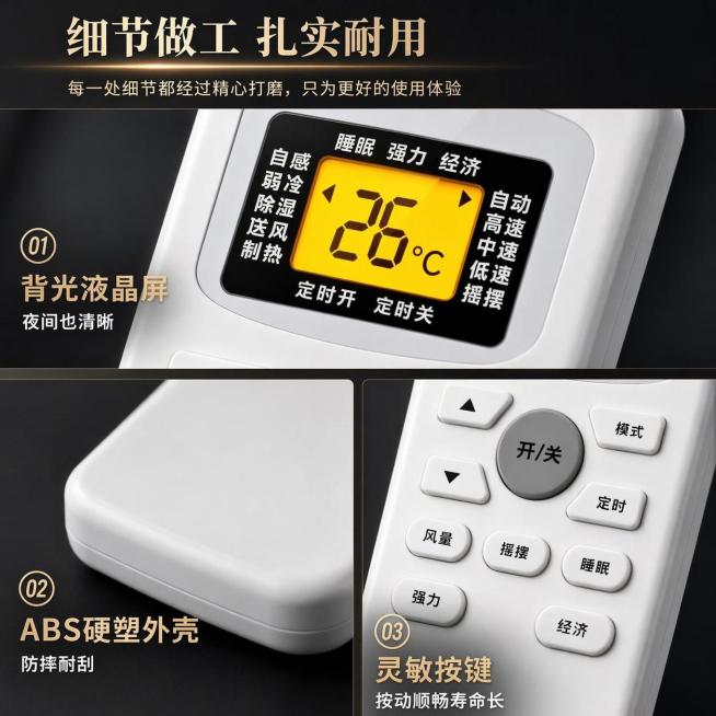 [第4屏] 核心设计解析页-展示遥控器材质和屏幕细节。本屏使用【图1】截取细节生成。
[氛围/风格] 细节特写科技风，深色背景，突出材质质感。
[元素布局] 画面上半部分展示液晶显示屏背光细节特写，占预览效果