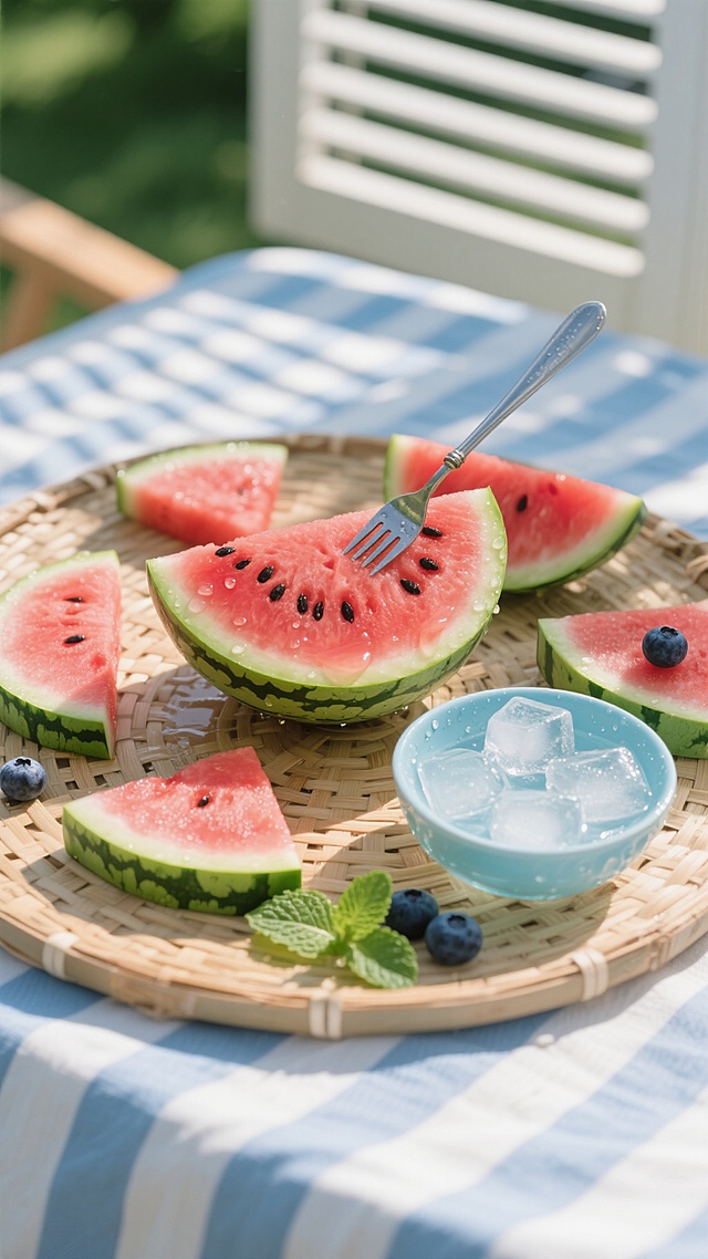 俯视角构图，在一块被阳光晒得微热的竹编餐垫中央，半个被剖开的冰镇西瓜正渗出冰凉的汁水，鲜红色果肉中嵌着黑亮的西瓜籽，绿色瓜皮边缘凝着水珠，周围散落着五片厚薄不一的西瓜切片，其中一片斜插着银色金属小叉子，几颗透明冰块在浅蓝色玻璃碗中融化，水珠顺着碗壁滑落浸湿餐垫，几片卷曲的薄荷叶和三两颗饱满的蓝莓随意点缀其间，背景是虚化的蓝白条纹桌布，阳光透过百叶窗在画面上投下斑驳的光影，色调以西瓜红、薄荷绿和冰蓝色为主导，整体营造出午后庭院里慵懒而清爽的夏日野餐氛围。