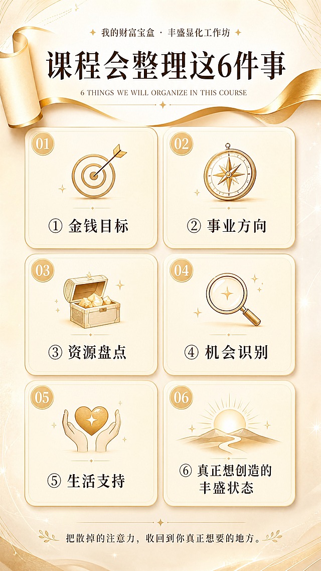 [商品] 非实物课程服务，课程名称为「我的财富宝盒 · 丰盛显化工作坊」；保留六大整理维度。
[画面] 第4张 课程内容拆解。目标：清晰展示课程六大整理模块，让用户一眼知道学什么。采用2列3行的卡片矩阵布局，每张卡片配一个简约图标与模块名称；画面顶部有一条金色丝带或卷轴贯穿，象征「整理」的动作。构图：上标题 + 中六宫格卡片 + 底部小结；卡片占画面60%。前景无遮挡，中景卡片矩阵，远景米白渐变底加浅金纹理。
[视觉] 套系策略：风格=灵性治愈系商业插画+轻3D质感；标题字=优雅衬线粗体（中文）+ 纤细英文衬线；正文字=简洁无衬线体；主色=暖金+米白+浅棕大地色；背景延展=基于米白与暖金做深浅层级、同色渐变、细腻纸张/沙砾质感、柔光雾效；强调色=琥珀金，仅用于小面积图标、引线、标签和高光光效；标题色=深棕褐；正文色=暖灰棕；组件=圆角浅金信息卡、细线引线、星芒点缀；光影=左上暖柔光，整体通透柔和。
[文字] 顶部主标题「课程会整理这6件事」；六张卡片分别写：「① 金钱目标」「② 事业方向」「③ 资源盘点」「④ 机会识别」「⑤ 生活支持」「⑥ 真正想创造的丰盛状态」；底部小字：「把散掉的注意力，收回到你真正想要的地方。」文字全部横排，字号保证手机端清晰可读。
[规格] 图片比例9:16竖版，4K分辨率，负向提示：避免冷蓝/冷灰主色、文字竖排、蚂蚁字、极限词、虚假承诺、二维码、平台Logo。