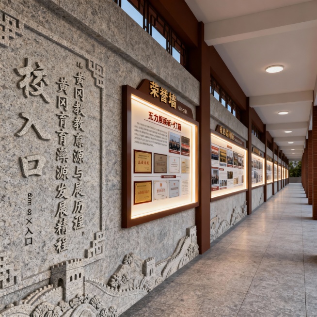 校训墙：主入口石材雕刻，8m×3m，彰显学校精神

校史长廊：50米展示空间，呈现黄冈教育渊源与发展历程

荣誉墙：亚克力展板+灯箱，展示师生荣誉

视觉元素：各区域效果图、材质展示预览效果