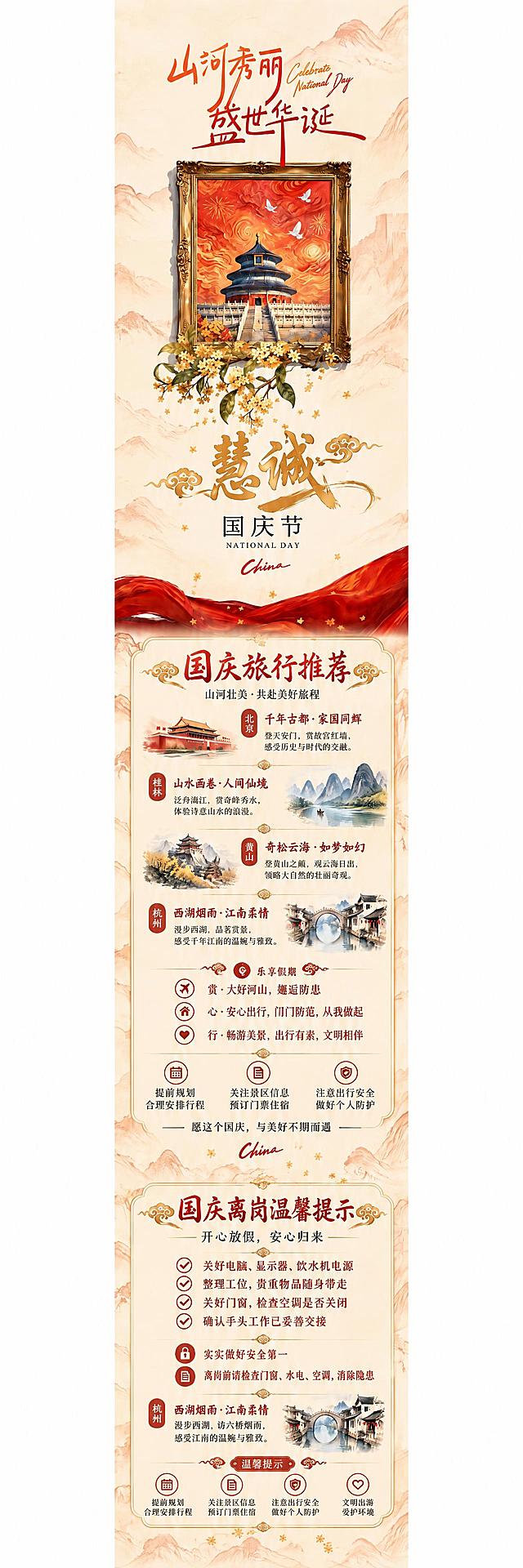 修复这张国庆长图中所有模糊不清的文字，将所有文字替换为清晰锐利、边缘干净的高清晰度字体，保证每一个字都清晰可辨。保持原有的文字内容、排版位置、字体风格（国风书法/宋体）、颜色（朱红色、深褐色、金色）完全不变。重点修复旅行推荐部分和离岗提示部分中模糊重影的文字，以及底部图标下方的小字。整体画面的背景、天坛画框、桂花枝、红色绸带、山水图案等视觉元素保持不变，只优化文字清晰度。