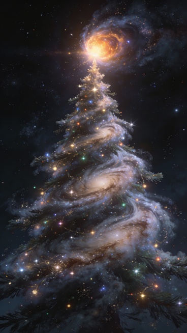 一棵由银河星云自然旋转形成的圣诞树，星尘构成树枝，恒星如彩灯般点缀，树顶是一颗正在诞生的超新星，深邃宇宙背景，梦幻、神圣、史诗感，电影级光影，超高清细节，艺术概念插画风格，背景干净不杂乱预览效果