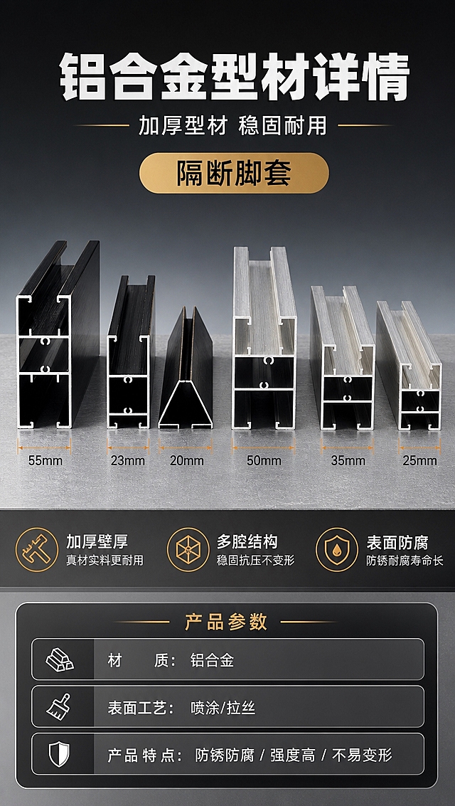 [商品] 使用【图4】黑色铝合金型材和【图5】银色铝合金型材（隔断脚套）作为主展示；保留型材的截面结构、多腔体设计、壁厚、表面光泽、金属拉丝纹理等特征；保留图5中「隔断脚套」文字为商品原貌不做修改；商品处理：将型材截面朝向观众，整齐排列展示，增强金属质感和截面清晰度，不改变型材结构和比例。
[画面] 页面目标：展示铝合金型材详情，突出型材规格、厚度与材质优势。构图：上中下三层，顶部标题区，中部主视觉展示多款型材截面排列，底部参数信息区；主体占画面60%，型材横向排列于画面中部，截面朝前；阅读动线从上至下；前景为型材主体+尺寸引线，中景为浅灰色工业台面，后景为渐变深灰背景。
[视觉] 套系策略：风格=五金建材专业工业风商业摄影；标题字=粗黑体硬朗无衬线；正文字=简洁无衬线体；主色=深炭黑+金属银灰；背景延展=基于深灰到浅灰的渐变层级，同色系工业质感背景；强调色=哑金/橙红，仅用于小面积引线、尺寸标注和重点标签；标题色=白色/深炭灰；正文色=中灰色；组件=直角信息卡、细线尺寸引线、工业风图标；光影=侧光+顶光，突出型材截面结构和金属质感，型材下方有自然接触阴影。
[文字] 上方主标题「铝合金型材详情」，副标题「加厚型材 稳固耐用」；中部配3个核心卖点：加厚壁厚、多腔结构、表面防腐；底部信息卡展示材质=铝合金、表面工艺=喷涂/拉丝、特点=防锈防腐/强度高/不易变形；所有文字横向排版，字号保证手机端清晰可读。
[规格] 图片比例9:16竖版，4K分辨率，负向提示：避免变形、错字、文字过小、型材结构失真、塑料质感、模糊、颜色偏差、截面形状改变。