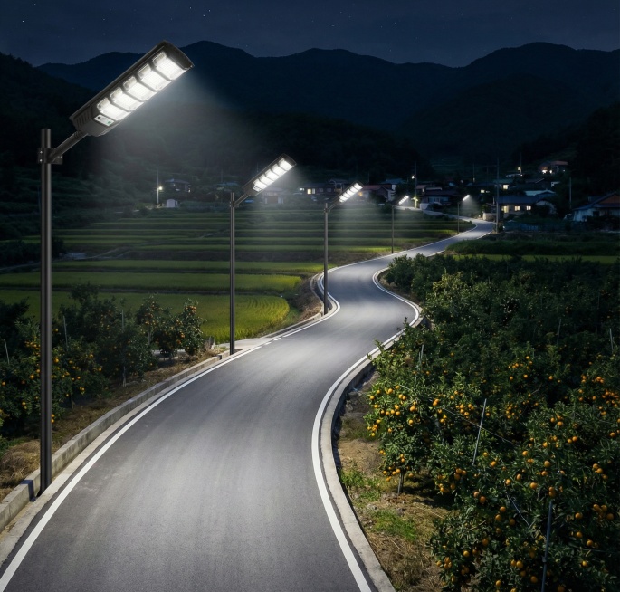 一条崭新的柏油路在丘陵地带蜿蜒。五六盏太阳能路灯依着道路的起伏而立，宛如一串闪亮的珍珠。灯光划破山野的浓密黑暗，不仅照亮了道路，也照亮了路旁丰收在望的稻田或果园。远处，被灯火点缀的宁静村落若隐若现。预览效果