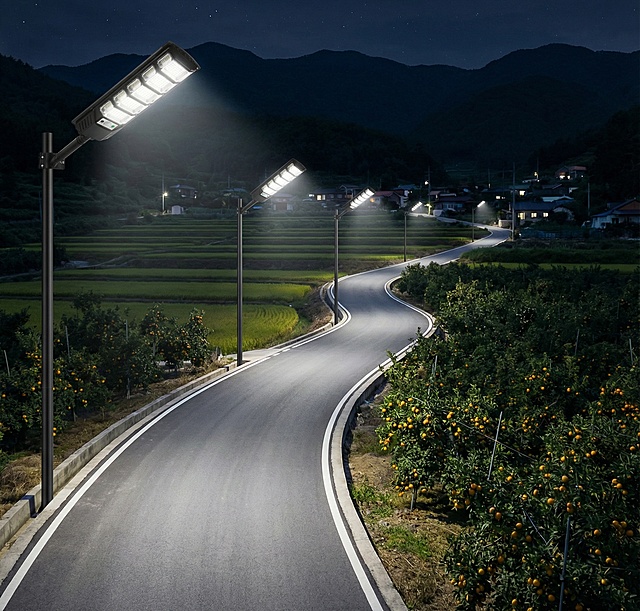 一条崭新的柏油路在丘陵地带蜿蜒。五六盏太阳能路灯依着道路的起伏而立，宛如一串闪亮的珍珠。灯光划破山野的浓密黑暗，不仅照亮了道路，也照亮了路旁丰收在望的稻田或果园。远处，被灯火点缀的宁静村落若隐若现。