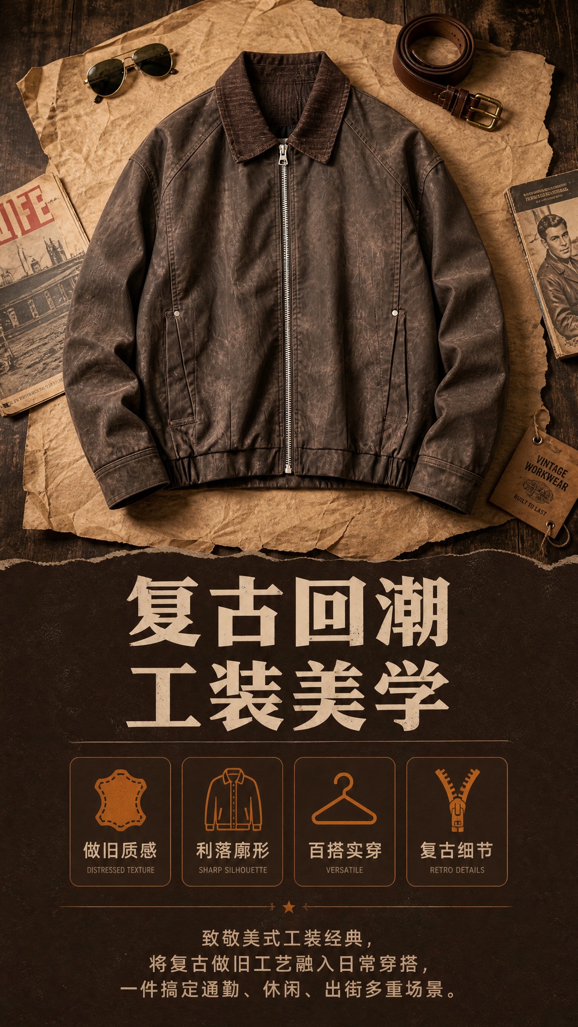 [商品] 使用【图1】咖色复古做旧翻领夹克；商品处理：保留翻领… - 图片创意预览