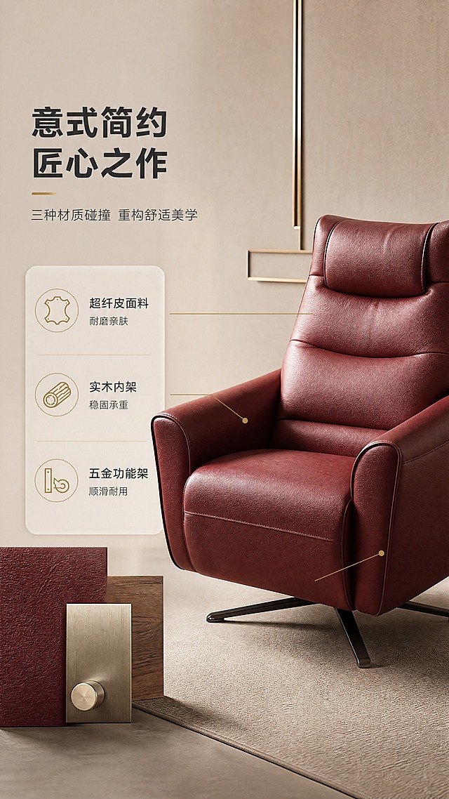 [商品] 使用【图1】酒红色单人功能沙发椅；保留整体结构、高靠背、宽厚扶手、金属底座、酒红色超纤皮材质；自然修复皮面轻微褶皱，增强超纤皮纹理和缝线质感，不改变版型和颜色。
[画面] 页面目标：设计美学叙事，展示意式简约设计与材质碰撞。左文右图版式，左侧约40%为文案与材质色块区，右侧约60%为沙发半侧面特写；沙发位于画面右侧，占画面约50%，侧视45°角度，突出扶手曲线与靠背线条；背景为浅米色艺术墙面+局部金属装饰线条；画面左下角点缀超纤皮面料小样、木纹小样和金属五金小样三件材质拼贴。
[视觉] 套系策略：风格=意式轻奢高级商业家居摄影；标题字=现代无衬线粗黑体；正文字=简洁无衬线体；主色=酒红+暖米灰；背景延展=基于暖米灰做深浅层级、同色渐变和细腻哑光墙面/织物质感；强调色=香槟金，仅用于小面积图标、引线、标签和金属装饰；标题色=深炭灰；正文色=中暖灰；组件=圆角浅底信息卡、细线引线、香槟金icon；光影=右前侧暖柔光，柔和阴影。
[文字] 左侧文案区：主标题"意式简约 匠心之作"（8字），副标题"三种材质碰撞 重构舒适美学"（12字），下方3个材质说明点配小icon："超纤皮面料 耐磨亲肤""实木内架 稳固承重""五金功能架 顺滑耐用"；文字横向排版，层级清晰。
[规格] 图片比例9:16竖版，4K，避免变形、错字、文字过小、冷蓝/蓝灰背景、沙发颜色改变、结构失真、极限词。