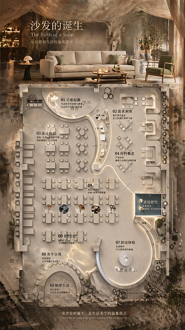 沙发诞生的因果链信息图，包含顶部模特场景图，带编号的步骤流程和对应图解，整体风格为废墟工业松弛感，顶部做悬浮云雾纱幔，搭配极简包豪斯轻奢家具，营造低饱和高级微醺氛围的酒吧场景，保留第二张图片的平面布局结构，融入第一张图片的沙发产品