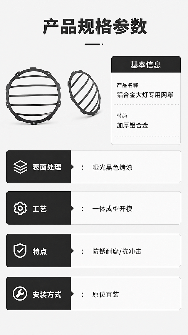 「图片1」，生成一套详情页，商品名称为铝合金灯壳专用网罩，适配淘宝/天猫平台，二、专业工业风（工程/批发/阿里/详情参数区）

特点：用词严谨、侧重材质、工艺、性能、适配性，偏正式专业
适用：工业品详情、参数板块、工程采购文案、企业介绍
示例：专属定制尺寸、加厚金属网体、防锈耐腐、高效通风散热单图比例为9:16，需求屏数为8张。「图片1」「图片1」「图片1」「图片1」「图片1」「图片1」「图片1」「图片1」「图片1」