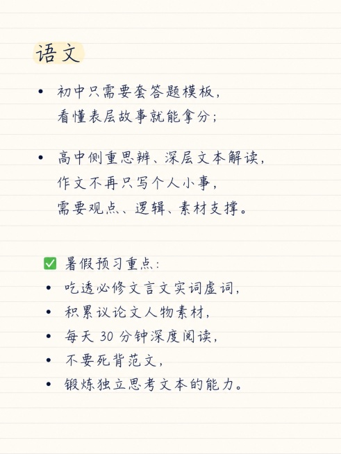 小红书笔记图文内页，简约清新老师笔记风格，浅米色横线笔记纸背景，整体为手写钢笔风字体，符合用户要求一级标题、二级标题、正文大小统一，文字清晰不裁切。本页仅展示语文科目预习内容，保留用户原文：语文 初中预览效果