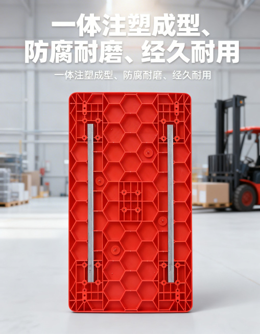 简约工业风竖版电商海报，整体风格素雅简洁，主体为红色聚丙烯手推车车板，反面展示蜂窝状加强筋结构，突出42mm厚度和1500斤超强承重。海报标题用白色粗体字，背景是简洁的浅灰色工厂车间，弱化叉车和货物等预览效果