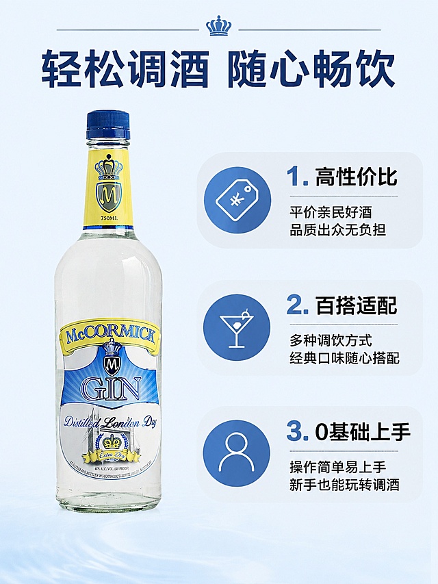 [第2屏] 核心卖点拆解-迈可米金酒三大优势展示。本屏使用【图1】作为产品主体。
[氛围/风格] 信息清晰直观，简约实用风格，商业高清质感，符合拼多多高性价比定位。
[元素布局] 产品图放置在画面左侧，占比约50%；右侧分三栏展示三个核心卖点，每个卖点配图标和说明文字；整体布局不拥挤，信息层级明确。保持瓶身外观结构与原图一致。
[光影质感] 均匀柔光照明，产品轮廓清晰，文字区域背景干净，无过暗过曝。
[配色色系] 全局底色 #F0F8FF，主色蓝白，辅助色浅灰分区，黑色文字，和首屏配色统一。
[视角构图] 左右分栏构图，左产品右卖点，视觉动线自然流畅。
[文字版式] 顶部大标题「轻松调酒 随心畅饮」，右侧分三个卖点模块：1. 高性价比 平价亲民好酒；2. 百搭适配 多种调饮方式；3. 0基础上手 新手也能玩转；每个卖点标题加粗，字体大小层级清晰，不遮挡产品主体。
[比例分辨率] 3:4 竖版比例，4K分辨率，文字清晰可辨，高清画质。
[负向提示词] 瓶身变形，文字错乱，布局混乱，颜色偏差，水印，极限词，诱导点击