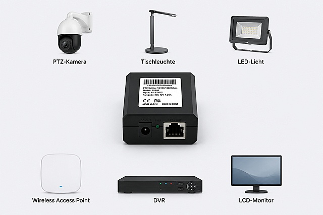 [兼容设备展示详情页] PoE Splitter 兼容设备展示页，商品名称为分离器。黑色 POE 分离器放置在画面正中心，保持产品外观、接口、标签文字与原图一致。
[布局排版] 上方横排展示 3 个兼容设备缩略图标：PTZ-Kamera、Tischleuchte、LED-Licht；下方横排展示另外 3 个兼容设备：Wireless Access Point、DVR、LCD-Monitor；每个设备下方清晰标注对应名称。
[氛围/风格] 简约专业科技风，干净舒适低饱和浅灰色背景，无多余装饰，商业摄影质感，适配亚马逊平台。
[光影质感] 中心产品布光均匀柔和，阴影自然，设备图标和名称清晰，整体通透干净。
[配色色系] 背景低饱和浅灰 #f1f3f5，产品黑色保持原色，设备图标深灰色块，文字黑色，排版简洁清晰。
[文字版式] 每个设备下方标注准确名称：PTZ-Kamera、Tischleuchte、LED-Licht、Wireless Access Point、DVR、LCD-Monitor，文字排版整齐，大小合适清晰可读，不遮挡产品主体。
[比例分辨率] 比例 970:600，4K 分辨率，高清画质。
[负向提示词] 产品变形，接口错位，文字错乱，中文乱码，背景杂乱，水印，价格信息，引导好评。