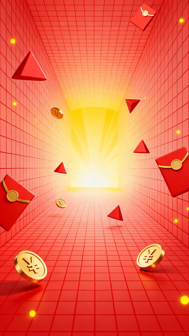 明亮通透的红色渐变背景，由红色网格线构成的深邃隧道空间，隧道尽头是耀眼的黄色光芒，光芒向四周扩散形成渐变光晕，隧道内壁和底部布满细密的红色网格线条，画面中散落着多个红色红包和金色圆形硬币，红包呈立体三角形，带有金色封口，硬币上有"¥"符号，红包和硬币分布在隧道的不同位置，呈现出漂浮状态，四周点缀着微小的黄色光点，整体画面充满喜庆、明亮、通透的氛围，具有简洁的现代设计感，色彩以红色和黄色为主，光影过渡自然柔和，营造出空间纵深感和轻盈感。