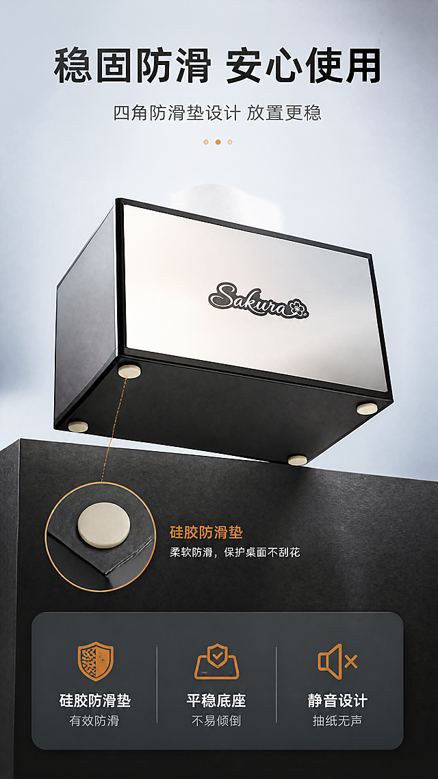 [第7张] 防滑稳固展示页——Sakura轻奢镜面纸巾盒底部防滑设计与使用稳定性。本张使用【图1】作为商品主体。
[氛围/风格] 功能细节展示风，低角度仰视，突出底部结构，参考品胜详情页细节功能展示的科技感。
[元素布局] 纸巾盒底部朝上倾斜放置，展示底部四个防滑脚垫；旁边有防滑硅胶垫特写放大图；背景为浅灰蓝渐变，底部有深色台面承托；纸巾盒外观与原图完全一致。
[光影质感] 底部侧光打亮防滑垫细节，产品主体清晰，有轻微悬浮感。
[配色色系] 全局底色 #E8EDF2；主色银白+黑色；辅助色浅灰、米白防滑垫；点缀色橙色防滑标识。
[视角构图] 低角度仰视，产品倾斜展示底部，阅读动线顶部标题→中部产品→底部说明。
[文字版式] 顶部主标题「稳固防滑 安心使用」，副标题「四角防滑垫设计 放置更稳」；底部三点说明：「硅胶防滑垫 有效防滑」「平稳底座 不易倾倒」「静音设计 抽纸无声」；每点配小图标；文字清晰。
[比例分辨率] 9:16竖版比例，4K分辨率，文字清晰可辨，高清画质。
[负向提示词] 产品变形，底部结构错误，防滑垫失真，文字错乱，水印。