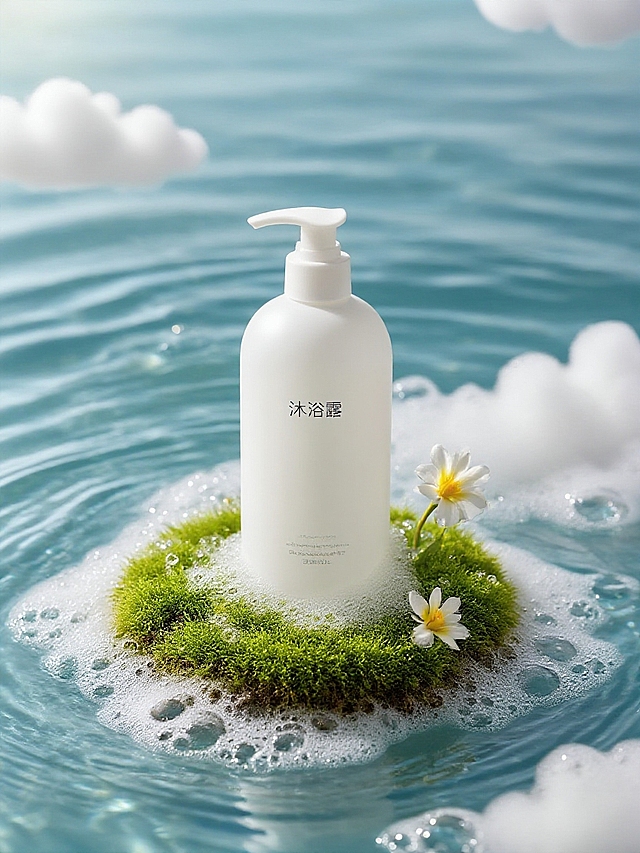 把主体放在一个微观生态小岛上，周围是绵密泡沫、水波纹、花，云朵，泡沫肌理明显。静物摄影，柔和的自然光线。