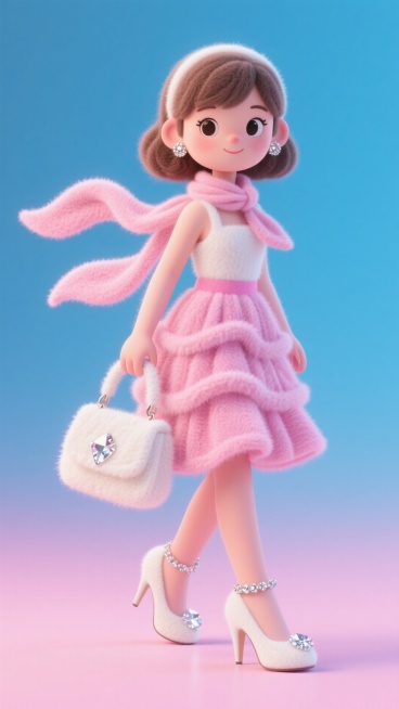 卡通时尚美少女，穿着粉色裙子，白色镶钻高跟鞋，手提时尚包包，脖带丝巾，她身上的所有物品：粉色裙子，白色镶钻高跟鞋，时尚包包，丝巾等物件有层次的摆放展示在旁边。突显个性化与潮流风格。渐变的粉蓝色为背景，预览效果