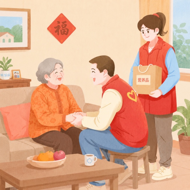 参考图片风格，保持志愿者慰问老人的互动场景，重新生成画面内容，保留原插画扁平插画风格和暖色调配色预览效果