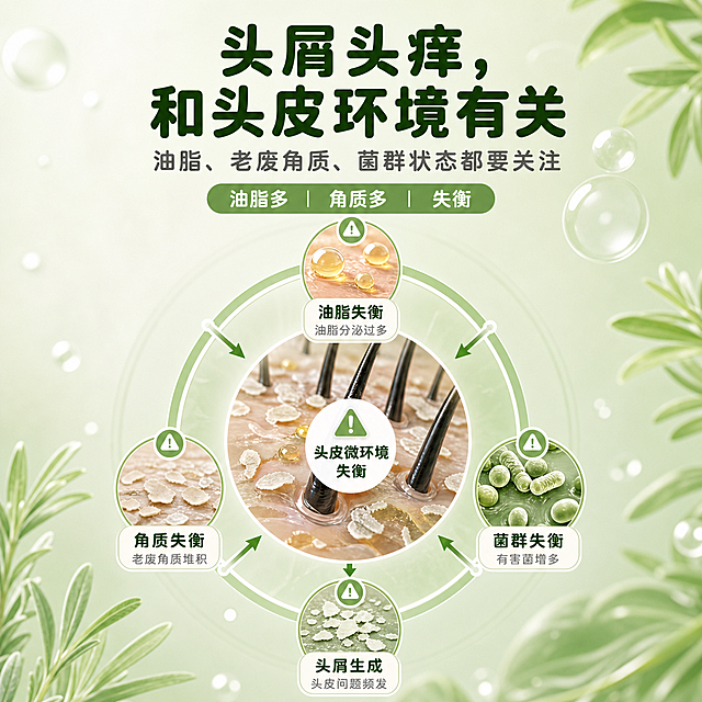 参考图版式复刻，保留画面骨架、环形机理图布局和全部文案内容，仅将比例调整为1:1方版，字体全部改为圆润无衬线圆体风格（笔画圆润饱满，无尖锐棱角）。画面内容：中心是头皮微环境失衡圆形特写，周围环形分布四个问题节点：油脂失衡、菌群失衡、头屑生成、角质失衡，每个节点带圆形图标和箭头连接形成循环。浅草绿清新背景，绿叶和水滴装饰。主标题大字圆润粗体，副标题圆润常规体，节点标签文字圆润。整体风格：浅草绿草本清新风，小红书详情页质感。所有文字保持清晰可读，字体圆润柔和。
