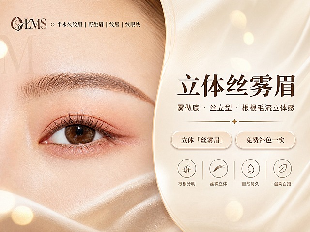 [商品] 使用【图1】立体丝雾眉效果展示图；保留眉毛的丝雾质感、毛流走向、棕咖色调、眼部妆容细节与皮肤真实质感；保留左上角LMS品牌Logo与「半永久纹眉|野生眉|纹唇|纹眼线」文字，清晰化处理。
[画面] 目标：美感头图，建立高级温柔的第一印象，突出立体丝雾眉核心概念。构图：横版4:3，左侧为眉眼特写大图（占画面55%），右侧为标题信息区（占画面45%）。主体：精致眉眼特写，眉毛根根分明有丝雾立体感，眼睛明亮有神。背景：暖杏奶茶色渐变，叠加细腻丝绸纹理与淡金色光晕，左侧隐约浮现品牌暗纹。前中后景：前景柔焦光斑，中景眉眼主体，后景渐变纹理背景。阅读动线：从左至右，先看效果再读文案。
[视觉] 套系策略：风格=高级轻奢医美纹绣风，温柔质感商业摄影；标题字=优雅宋体加粗，衬线体；正文字=简洁无衬线黑体；主色=暖杏奶茶色（米棕调）；背景延展=基于暖杏奶茶色做深浅渐变、同色系层次、丝绸/哑光纸张质感、淡金光晕点缀；强调色=深棕咖色，仅用于小面积图标、引线、标签和重点文字高亮；标题色=深棕咖色；正文色=中暖棕色；组件=圆角浅米色信息卡、细金线引线、圆形图标、柔边光晕；光影=左前侧暖柔光，柔和漫射，皮肤通透有光泽。
[文字] 主标题「立体丝雾眉」（大字号，深棕咖色），副标题「雾做底 · 丝立型 · 根根毛流立体感」（中字号，暖棕色），下方两个胶囊形标签：「立体「丝雾眉」」「免费补色一次」（左右排列）。文字区位于画面右侧，不遮挡眉眼主体。
[规格] 图片比例4:3横版，分辨率2K，负向提示：避免变形、模糊、文字错字、冷蓝/冷灰背景、眉毛颜色失真、皮肤质感塑料感、绝对化用语、第三方平台Logo、裸露、低俗、医疗标识。
