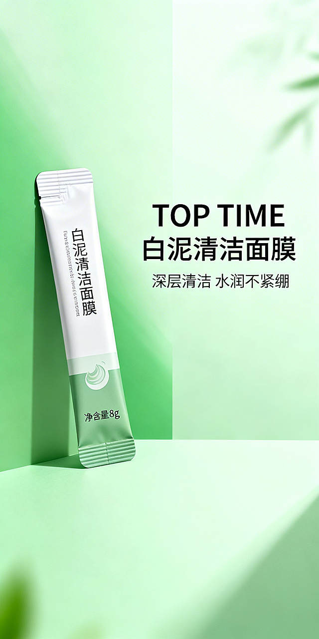 Top time白泥清洁面膜产品详情页首屏海报，条状独立包装，净含量8g，产品主图放在左侧，搭配清新绿色渐变背景，右侧添加大标题"TOP TIME 白泥清洁面膜"和副标题"深层清洁 水润不紧绷"，整体风格清新干净，简约美妆设计，突出产品天然清洁的特点，分辨率2K