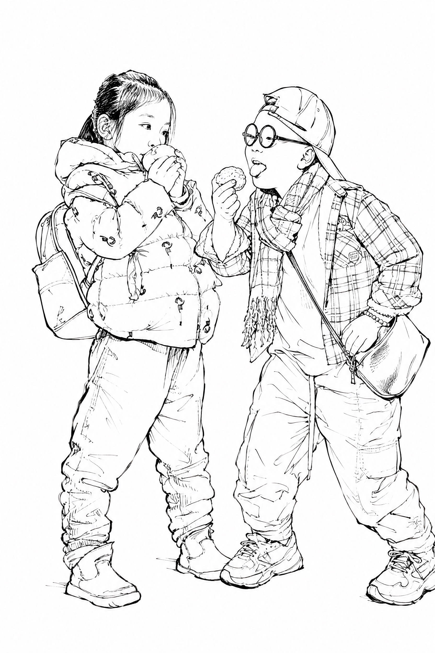 于小冬风格白描线描速写，纯线条表现几乎无明暗，参考两张儿童照片… - 图片创意预览