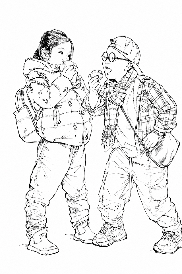 于小冬风格白描线描速写，纯线条表现几乎无明暗，参考两张儿童照片的人物形象，将两个孩子组合在同一画面中，中国画家于小冬速写风格，以线为主，线条讲究书法意味和用笔节奏，线条灵动有力有粗细顿挫变化，人物造型准确生动，生活气息浓厚，衣纹穿插自然讲究，面部刻画细腻传神，纯墨线白描效果，白色背景，竖构图