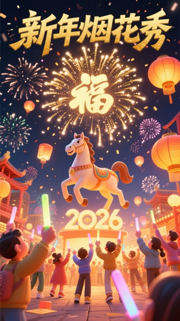 3D卡通的新年烟花秀，夜空中绽放的烟花有发光的“福”字、生肖马、2026、灯笼造型，大朵的烟花炸开后，会洒下金色的光雨，地面上的卡通人们仰着头欢呼，手里的荧光棒和天上的烟花交相辉映，整个场景亮如白昼。预览效果