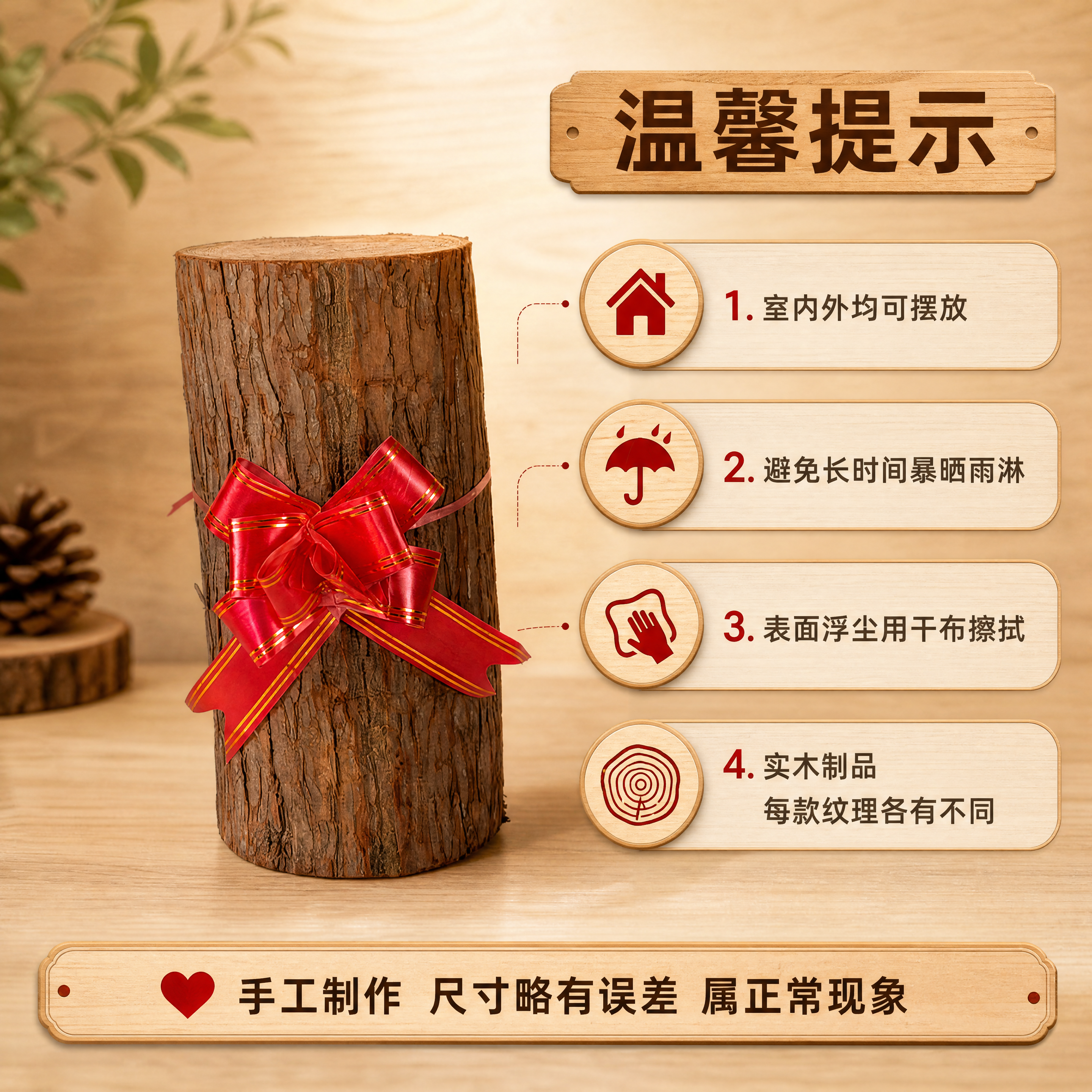 [商品] 使用【图1】高款杉墩木段配红绳花；保留杉木段树皮纹理… - 图片创意预览