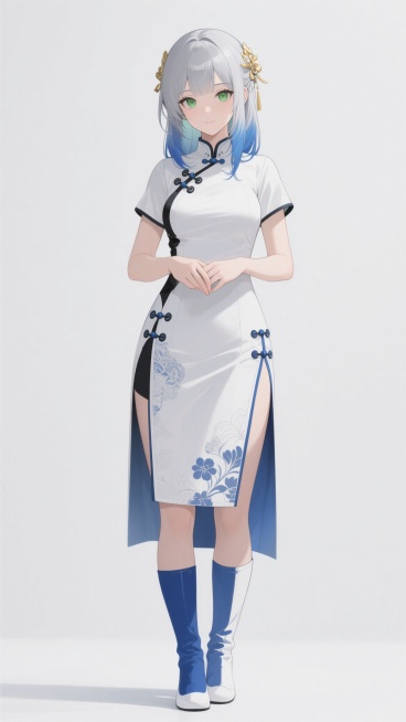 二次元动漫风格立绘，白色背景，银发渐变蓝发的女性角色，发间有金色发饰，灰绿色眼眸，表情温和，穿着融合现代与传统元素的白色为主、蓝黑色点缀的服饰，衣服上有精致的花纹和盘扣设计，裙摆开叉露出腿部，搭配蓝白色长靴，双手自然交叠于身前，姿态优雅，整体线条流畅，色彩和谐，保留角色原有核心特征，动作变换为双手交叠站姿。预览效果
