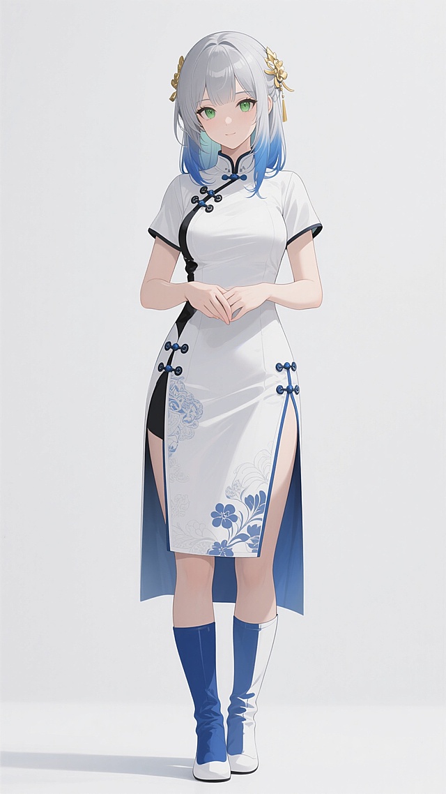 二次元动漫风格立绘，白色背景，银发渐变蓝发的女性角色，发间有金色发饰，灰绿色眼眸，表情温和，穿着融合现代与传统元素的白色为主、蓝黑色点缀的服饰，衣服上有精致的花纹和盘扣设计，裙摆开叉露出腿部，搭配蓝白色长靴，双手自然交叠于身前，姿态优雅，整体线条流畅，色彩和谐，保留角色原有核心特征，动作变换为双手交叠站姿。
