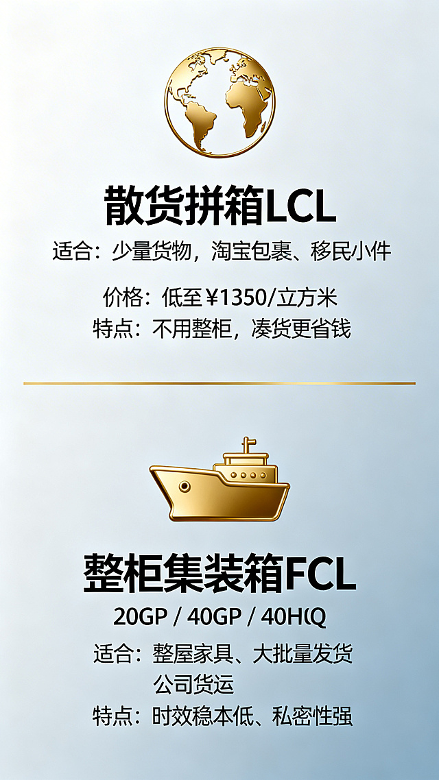 加拿大海运竖版宣传海报第4屏：上下分栏对比排版，浅灰蓝渐变背景。上半部分：🌏 散货拼箱 LCL，金色地球图标，下方文字：适合：少量货物、淘宝包裹、移民小件；价格：低至¥1350/立方米；特点：不用整柜，凑货更省钱。下半部分：🚢 整柜集装箱 FCL，金色货船图标，下方文字：20GP / 40GP / 40HQ；适合：整屋家具、大批量备货、公司货运；特点：时效稳、成本低、私密性强。两栏之间用细金色分割线，整体清晰直观，风格统一商务