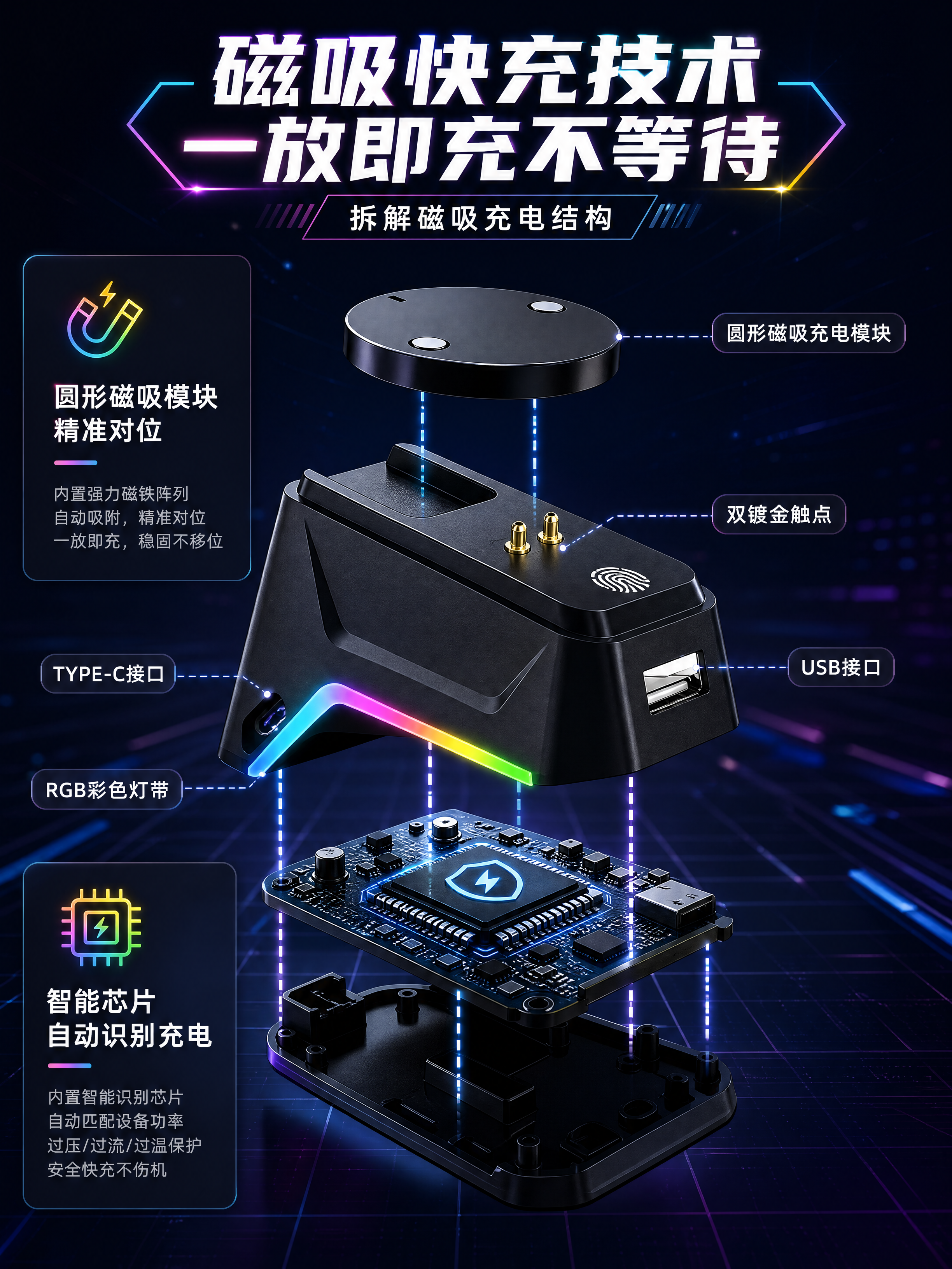 [商品] 使用【图1】黑色磁吸鼠标充电底座爆炸结构图；保留底座… - 图片创意预览