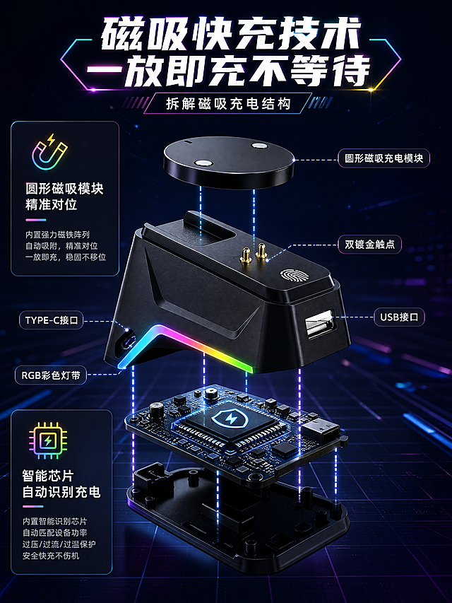 [商品] 使用【图1】黑色磁吸鼠标充电底座爆炸结构图；保留底座主体、圆形磁吸充电模块分离状态、双镀金触点、TYPE-C接口、USB接口、RGB灯带等所有部件；商品处理：增强各部件材质质感，金属件高光，塑料件磨砂细腻，灯带发光，不改变各部件形状和相对位置。
[画面] 目标：详情第4张-核心技术原理，拆解磁吸充电结构。构图：爆炸拆解视角，各部件沿垂直方向分层展开，用发光虚线连接，显示组装关系。中部为底座主体，上方悬浮磁吸充电模块，下方标注内部电路和保护芯片。主体占画面60%，左右两侧配技术说明文字。背景为深色科技空间，有网格线和数据光效。
[视觉] 套系策略：风格=深色科技电竞风3D商业渲染；标题字=粗黑体无衬线；正文字=现代无衬线体；主色=深空黑；背景延展=基于深空黑做深蓝紫渐变、霓虹光带、粒子光斑和几何线条；强调色=RGB彩虹渐变（青/粉/黄/紫），仅用于灯带、光效、图标点缀和标题高光；标题色=纯白+霓虹渐变描边；正文色=浅灰白；组件=圆角深色半透明技术卡、发光虚线引线、部件标注标签；光影=顶部柔光+部件轮廓光+灯带自发光。
[文字] 顶部大标题"磁吸快充技术 一放即充不等待"，3个技术点："圆形磁吸模块 精准对位"、"镀金触点 传导稳定"、"智能芯片 自动识别充电"。每个技术点配小图标和简短说明。
[规格] 图片比例3:4竖版，4K，负向提示：避免变形、错字、文字过小、部件缺失、颜色改变、白底、模糊、材质失真。