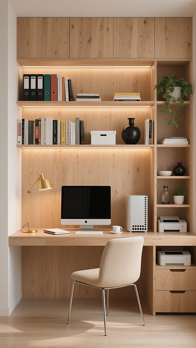 极简主义风格的不同场景布置书桌背景，温暖的原木色调（浅橡木色为主），柔和均匀的间接照明（桌面上方嵌入式灯带提供主要光源），3D渲染的光滑木质纹理，明亮通透的氛围，简约现代的书桌设计（与墙面嵌入式书架一体化），配套的浅米色布艺办公椅（金属细腿），书桌上配备极简设计的黄铜色台灯、黑色屏幕的电脑主机，书架上整齐排列着不同颜色的书籍、文件夹、黑色陶瓷花瓶和白色收纳盒，整体构图采用对称美学，景深控制得当，光线营造出宁静舒适的居家办公或学习环境，不同场景可包括：一侧增加绿植点缀的书桌、桌面摆放笔记本和咖啡杯的阅读角落书桌、书架上陈列更多装饰摆件的个性化书桌、带有小型打印机或扫描仪的功能性书桌等，保持统一的原木色调和极简设计语言，确保各场景下的光影质感和材质表现与原图高度一致。