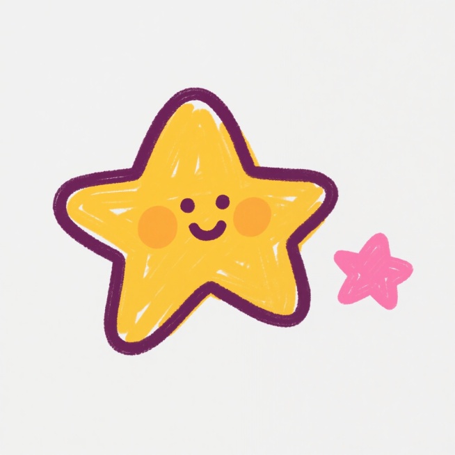 手绘风格涂鸦，一个拟人化的黄色星星角色，有着友好的表情和圆润的轮廓，边缘用深紫色线条勾勒，旁边有一个较小的粉红色星星，整体色彩明快活泼，线条粗犷随意，充满童趣，背景为纯白色，无其他元素。预览效果