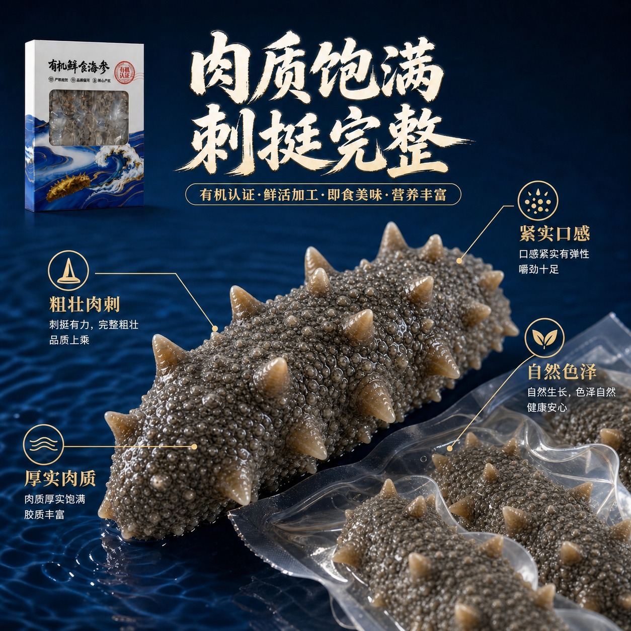 将图中央特写的大海参和右下角真空包装内的海参，全部替换为用户提… - 图片创意预览