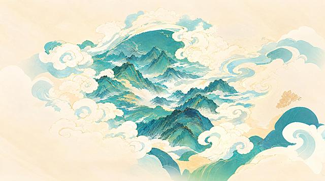 去除图中所有红色飘带，用周围的祥云和青绿山水自然填充补全，保持原有的国潮插画风格、色彩和笔触一致，画面完整和谐，没有红飘带残留