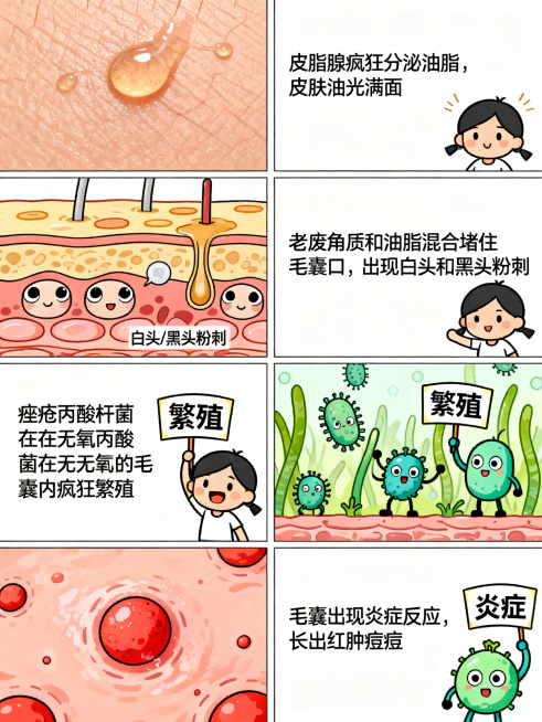 漫画风格，展示痤疮形成的四大元凶：1. 皮脂腺疯狂分泌油脂，皮肤油光满面；2. 老废角质和油脂混合堵住毛囊口，出现白头和黑头粉刺；3. 痤疮丙酸杆菌在无氧的毛囊内疯狂繁殖；4. 毛囊出现炎症反应，长出预览效果