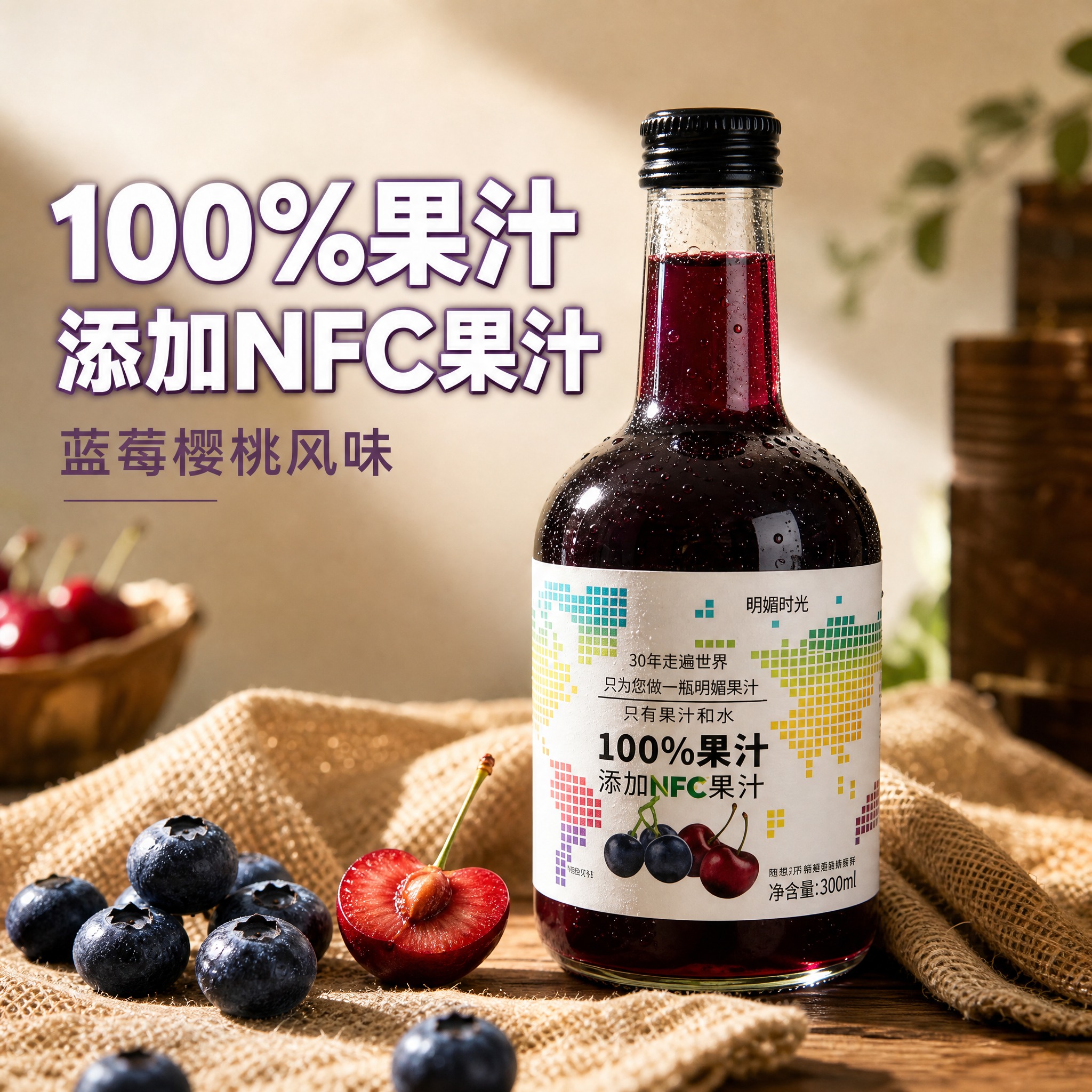 [主图-2] 明媚时光蓝莓樱桃汁美团电商首图，突出100%果汁… - 图片创意预览