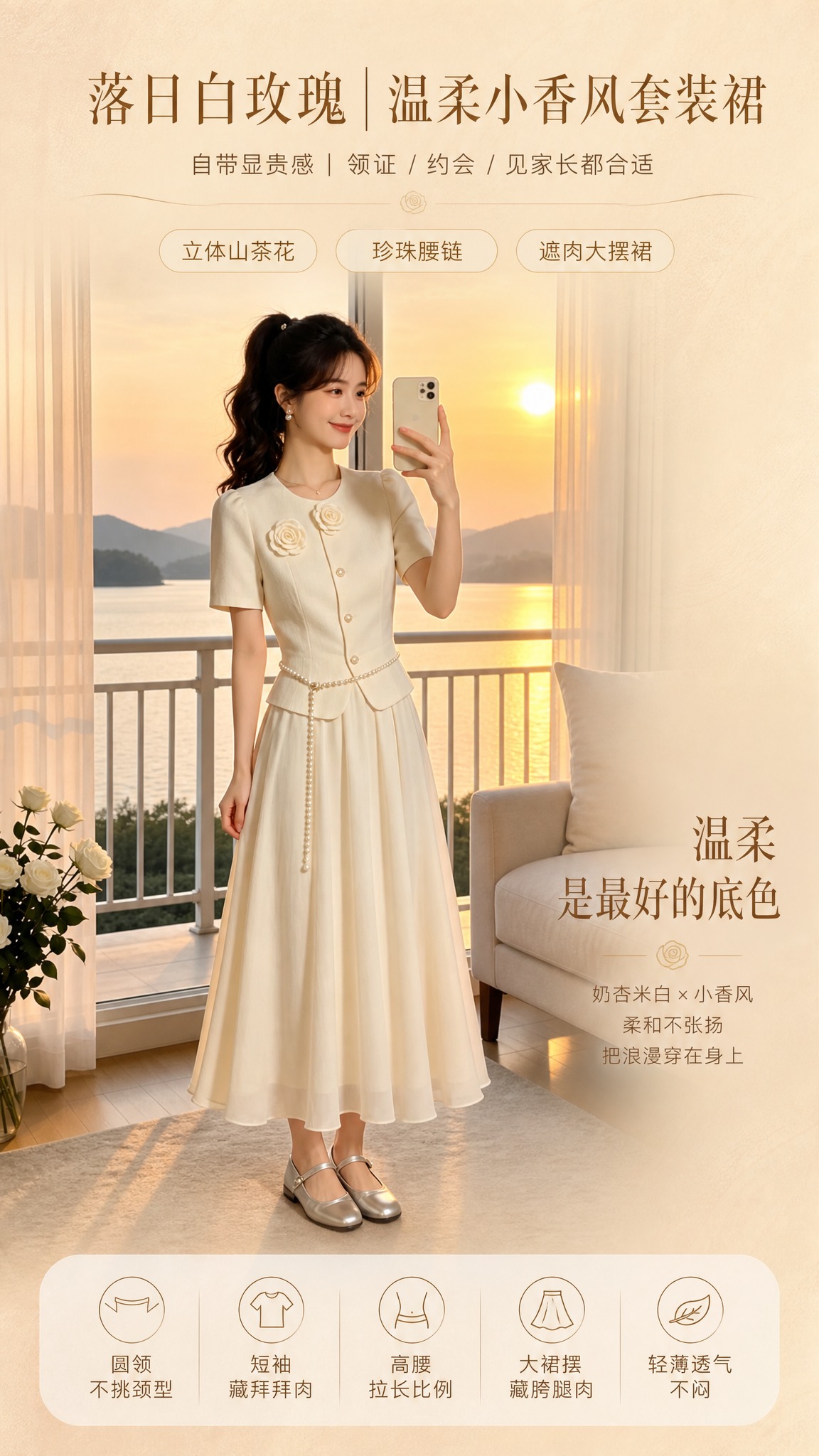 [商品] 使用【图1】米白小香风假两件套装连衣裙；商品处理：保… - 图片创意预览
